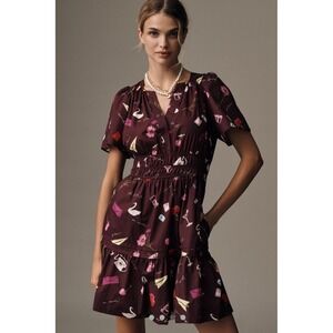 Anthropologie Somerset Mini Dress Purple Novelty Print Smocked Tiered V-Neck